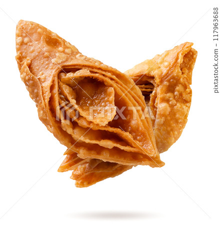 Baklava flying close-up on white background. Isolated 117963688
