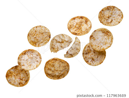 Rice chips flying on a white background. Isolated 117963689