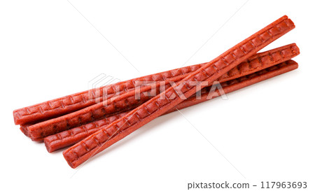 Dried salmon pieces on white background. Salmon jerky isolated 117963693