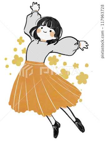 粗獷時尚的手繪女孩拿著花跳得很大 粗獷時尚的手繪女孩拿著花跳得很大 117963728