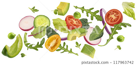 Vegetable salad mix isolated, falling rucola, lettuce, spinach leaves, sliced vegetables isolated on white background Vegetable salad mix isolated, falling rucola, lettuce, spinach leaves, sliced vegetables isolated on white background 117963742