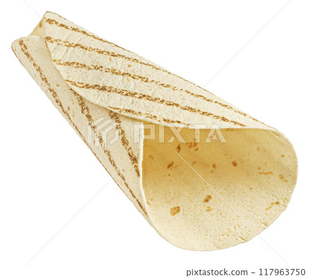 Grilled empty tortilla, thin wheat flatbread isolated on white background, full depth of field Grilled empty tortilla, thin wheat flatbread isolated on white background, full depth of field 117963750