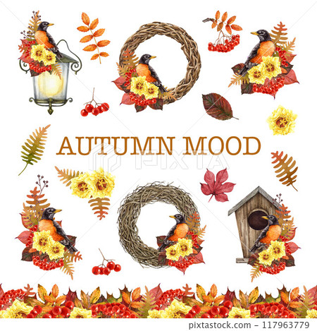 Autumn season vintage style decoration set with birds. Watercolor illustration. Vine wreath, birds, fallen leaves, berries, seamless border festive autumn collection on white background Autumn season vintage style decoration set with birds. Watercolor illustration. Vine wreath, birds, fallen leaves, berries, seamless border festive autumn collection on white background 117963779