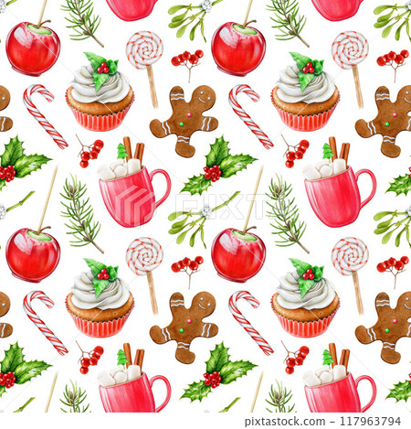 Winter season vintage style traditional treats and sweets seamless pattern. Watercolor painted illustration. Hand drawn cupcake, gingerbread man, caramel apple, candy cane elements isolated. 117963794