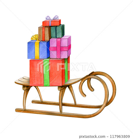 Wooden vintage style sled with pile of gift boxes painted illustration. Hand drawn retro sleigh with group of gift boxes on white background. Winter season holidays traditional element Wooden vintage style sled with pile of gift boxes painted illustration. Hand drawn retro sleigh with group of gift boxes on white background. Winter season holidays traditional element 117963809