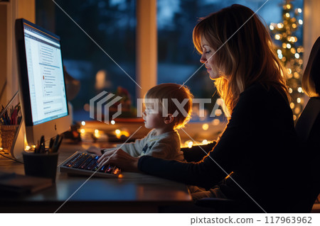 Mother working on a computer at home with her child. Balance of remote work and parenting 117963962