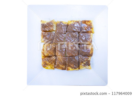 Top view of Crispy Roti with Chocolate drizzle, focus selective Top view of Crispy Roti with Chocolate drizzle, focus selective 117964009