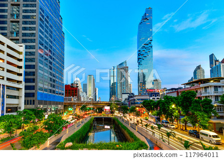 Night View Metropolitan Bangkok City downtown building residential and commercial building Silom Sathon Bangkok Thailand 117964011