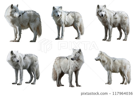 Six Arctic Wolves in Various Poses Against a White Background Six Arctic Wolves in Various Poses Against a White Background 117964036