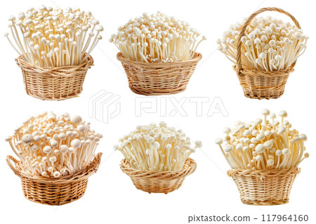 Six Wicker Baskets Filled with Enoki Mushrooms 117964160