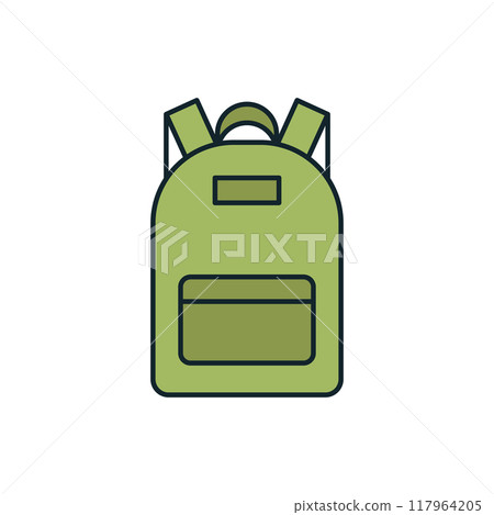 Green backpack standing upright ready for camping trip Green backpack standing upright ready for camping trip 117964205