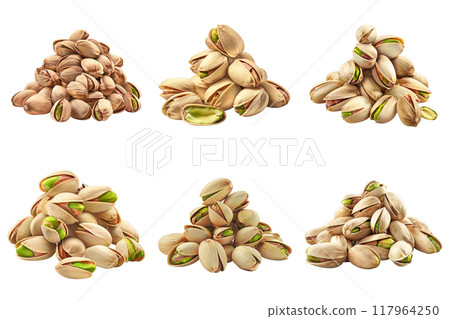 A collection of pistachios in various configurations on a white background A collection of pistachios in various configurations on a white background 117964250