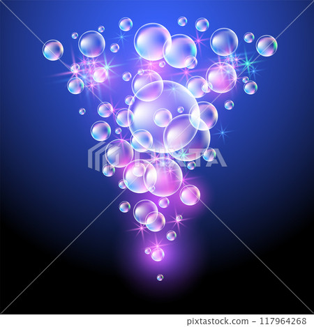 Glowing fairytale background with bubbles and sparkling stars. Magical cone composition consists of transparent iridescent balls and copy space. Glowing fairytale background with bubbles and sparkling stars. Magical cone composition consists of transparent iridescent balls and copy space. 117964268