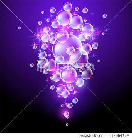 Glowing fairytale background with bubbles and sparkling stars. Fantasy magical composition consists of transparent iridescent balls and copy space. Glowing fairytale background with bubbles and sparkling stars. Fantasy magical composition consists of transparent iridescent balls and copy space. 117964269