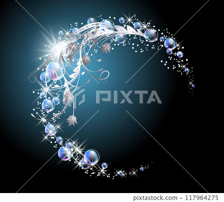 Glowing fairytale background with soap bubbles, floral ornament and sparkling stars. Round magical frame consists of transparent iridescent balls and copy space. 117964275