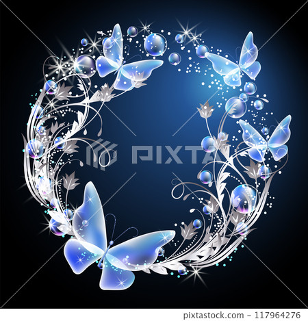 Fairytale background with magical butterflies and bubbles, floral ornament and sparkling stars. Round fantasy frame consists of transparent iridescent balls and copy space. Fairytale background with magical butterflies and bubbles, floral ornament and sparkling stars. Round fantasy frame consists of transparent iridescent balls and copy space. 117964276