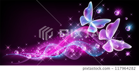 Fantastic butterflies, bubbles and magical curving transparent waves with glowing stars on black violet background 117964282