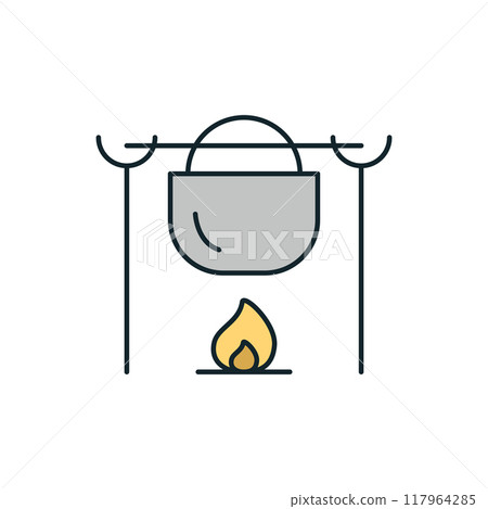 Cooking pot hanging over campfire preparing food for camping trip Cooking pot hanging over campfire preparing food for camping trip 117964285