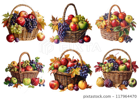 Six Wicker Baskets Filled with Apples, Grapes, and Plums 117964470