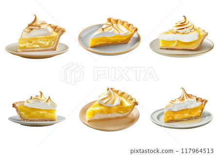 Five slices of lemon meringue pie on white plates Five slices of lemon meringue pie on white plates 117964513