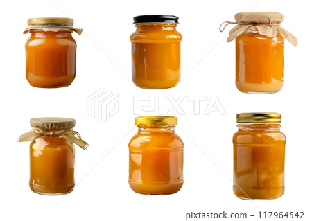 Five Glass Jars Filled with Orange-Colored Jam or Honey 117964542