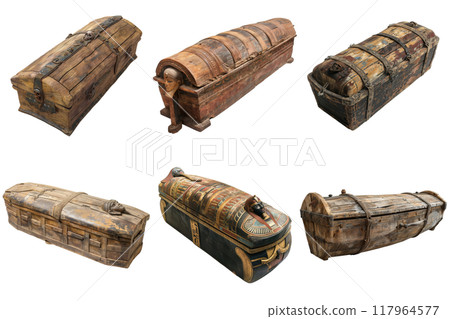 Six Antique Wooden Coffins of Varying Styles and Decorations 117964577