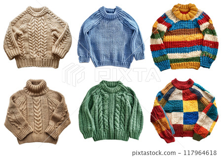 Six Colorful Knitted Sweaters Isolated on White Background 117964618