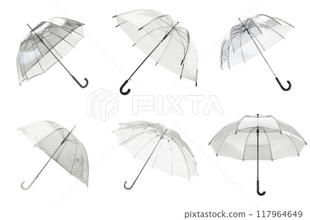Six Clear Umbrellas Isolated on White Background Six Clear Umbrellas Isolated on White Background 117964649