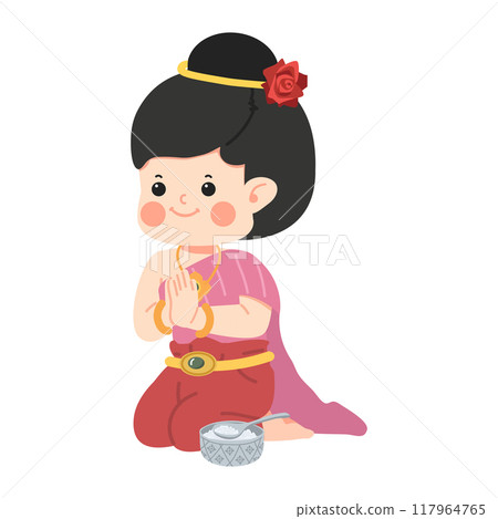 girl in a Thai traditional greeting with offering food girl in a Thai traditional greeting with offering food 117964765