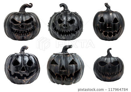 Six Black Carved Pumpkins with Evil Expressions 117964784