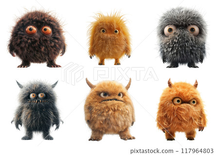Six Furry Monsters with Large Eyes and Different Expressions 117964803