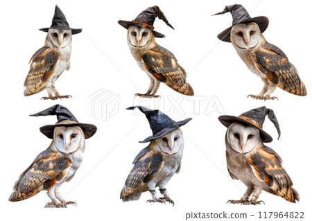 Six Barn Owls Wearing Witch Hats 117964822