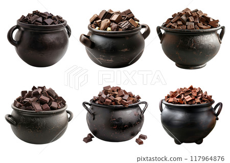 Six Black Pots Filled with Chocolate Pieces 117964876