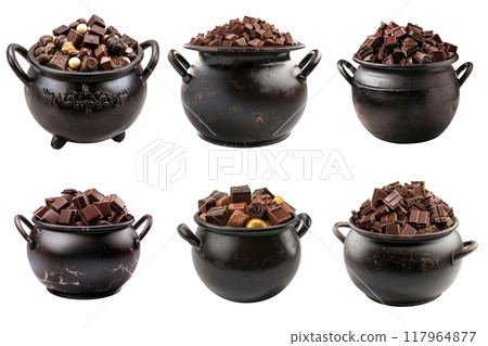 Six Black Pots Filled with Different Types of Chocolate 117964877