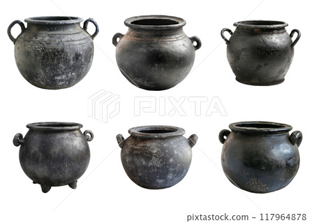 Collection of Six Ancient Black Pottery Vases with Handles 117964878