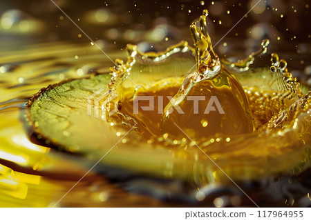 Avocado fruit splashing in golden oil liquid. Cooking nutritious vegetables concept. Macro shot. Generative AI 117964955