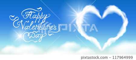 Greeting banner with heart in blue sky with clouds and calligraphic handwritten congratulatory text Happy Valentine day 117964999