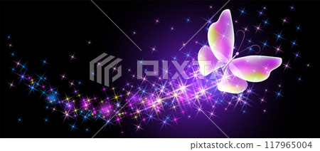 Flying delightful butterfly with sparkle and blazing trail flying in night sky among shiny glowing stars in cosmic space. Animal protection day concept. 117965004