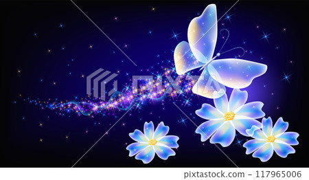Flying transparent delightful butterfly and flowers with sparkle and blazing trail flying in sky among shiny glowing stars in cosmic space. Animal protection day concept. Flying transparent delightful butterfly and flowers with sparkle and blazing trail flying in sky among shiny glowing stars in cosmic space. Animal protection day concept. 117965006