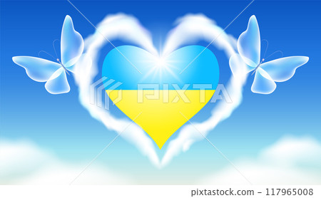 Pray for peace in Ukraine. No war concept. Ukraine national flag in heart form in cloudy sky with butterflies. 117965008