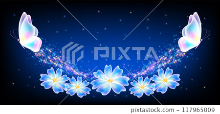 Flying transparent delightful butterfly and flowers with sparkle and blazing trail flying in sky among shiny glowing stars in cosmic space. Animal protection day concept. Flying transparent delightful butterfly and flowers with sparkle and blazing trail flying in sky among shiny glowing stars in cosmic space. Animal protection day concept. 117965009