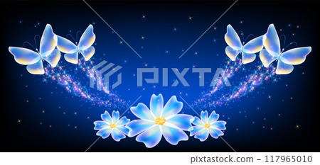 Flying transparent delightful butterfly and flowers with sparkle and blazing trail flying in sky among shiny glowing stars in cosmic space. Animal protection day concept. 117965010