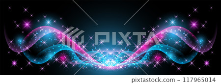 Fantasy banner. Fantastic curving waves and magical glowing stars on black purple background 117965014