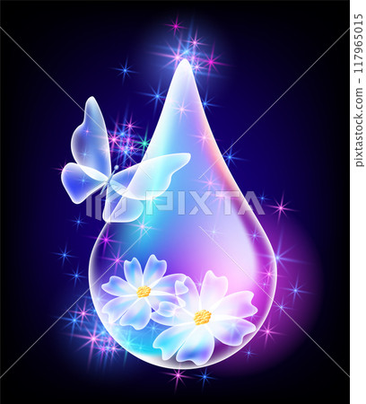 Water drop with butterfly, flower and sparkling shiny stars on dark blue background. Concept world water day. Water drop with butterfly, flower and sparkling shiny stars on dark blue background. Concept world water day. 117965015