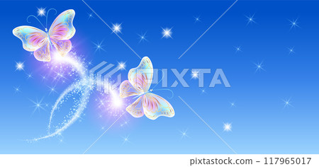 Flying delightful butterfly with sparkle and blazing trail flying in night sky among shiny glowing stars in cosmic space. Animal protection day concept. 117965017