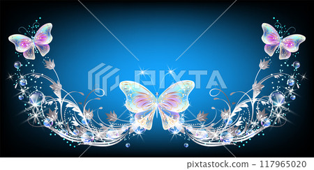 Fairytale background with magical blue butterflies and bubbles, flowers ornate and stars. Fantasy sparkle frame consists of transparent iridescent balls, floral ornament and copy space. Fairytale background with magical blue butterflies and bubbles, flowers ornate and stars. Fantasy sparkle frame consists of transparent iridescent balls, floral ornament and copy space. 117965020