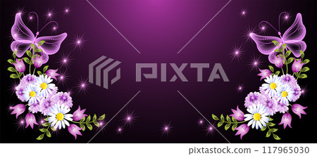 Flying transparent delightful butterfly and flowers with sparkle and blazing stars. Animal protection day concept. 117965030