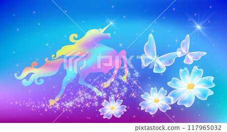 Unicorn with luxurious winding mane, butterflies and transparent flowers against the background of the fantasy universe with sparkling stars 117965032