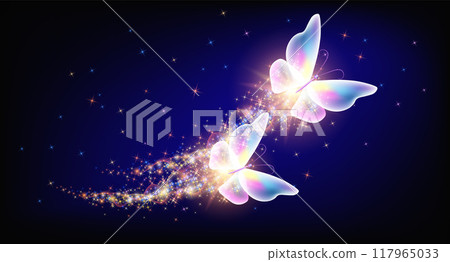 Flying delightful butterfly with sparkle and blazing trail flying in night sky among shiny glowing stars in night sky. Animal protection day concept. Flying delightful butterfly with sparkle and blazing trail flying in night sky among shiny glowing stars in night sky. Animal protection day concept. 117965033