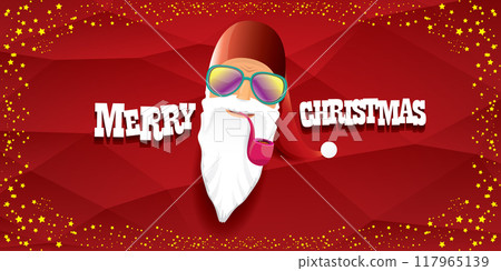 vector bad rock n roll dj santa claus with smoking pipe, beard and greeting calligraphic text on red horizontal banner background with stars. Red Christmas party hipster horizontal poster background 117965139